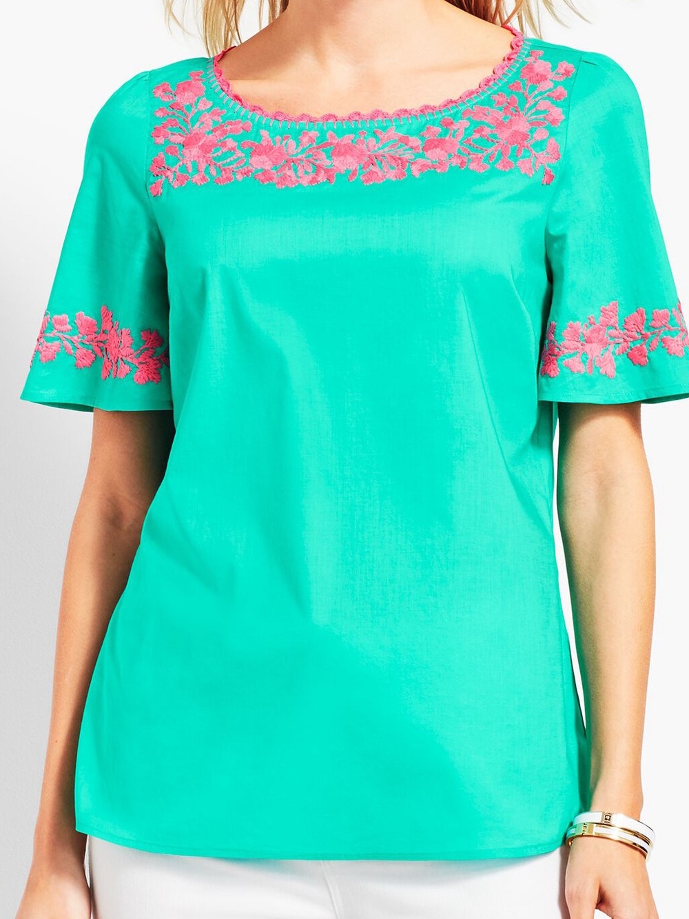 Talbots Embroidery Pink/Aqua Color Flutter Sleeve Scoop Neck Peasant Top Sz LP